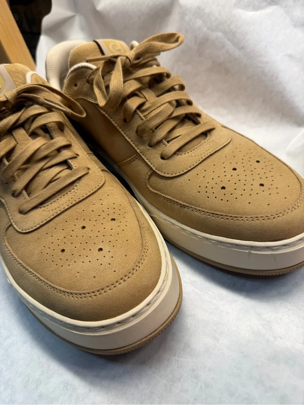 Cole Haan Men’s Tan Suede Low-Top Sneakers with White Trim